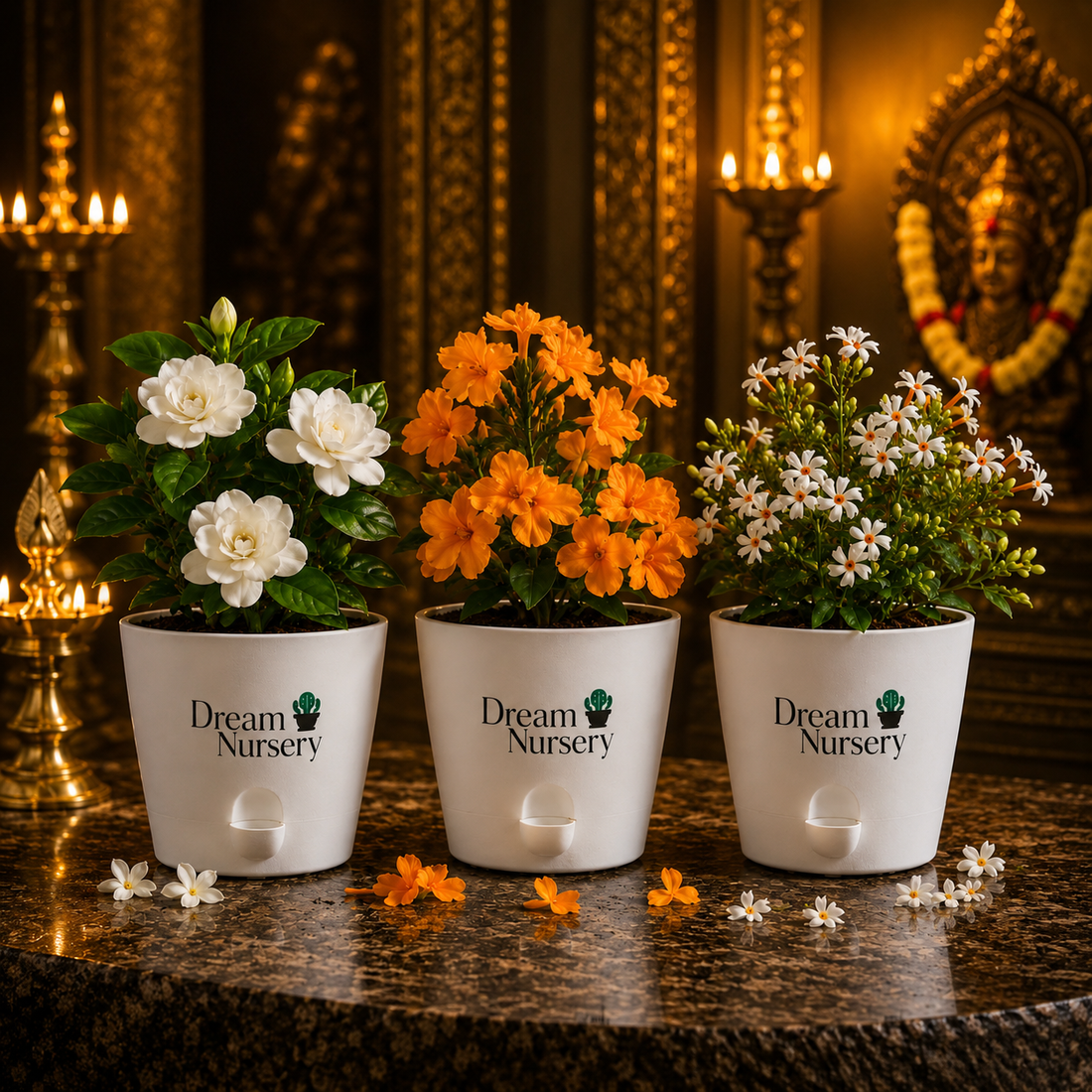 Pooja Garden Combo: Best Sacred Plants for Your Home — Parijatham, Pavazhamalli & Crossandra