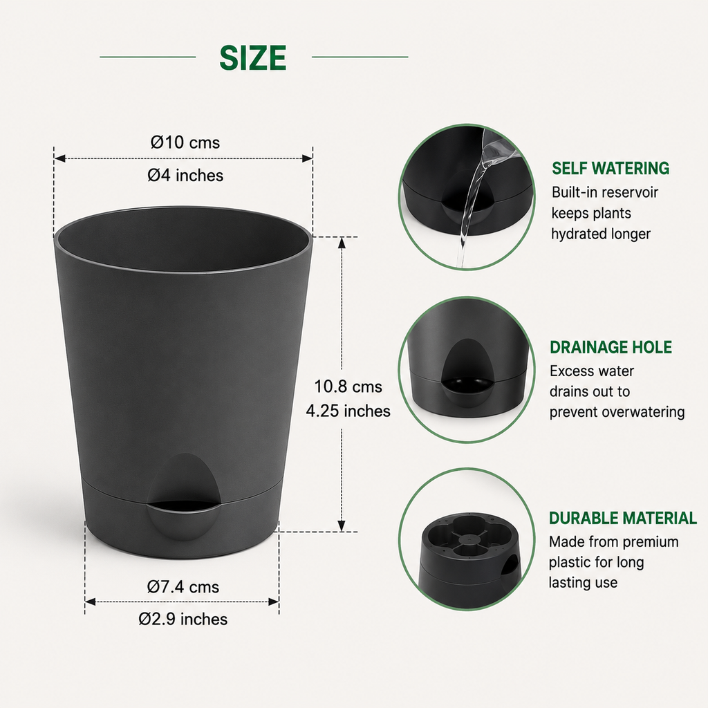 Self Watering Plastic Pot White | Pack of 5 | 4 Inch Indoor Plant Pot with Drainage
