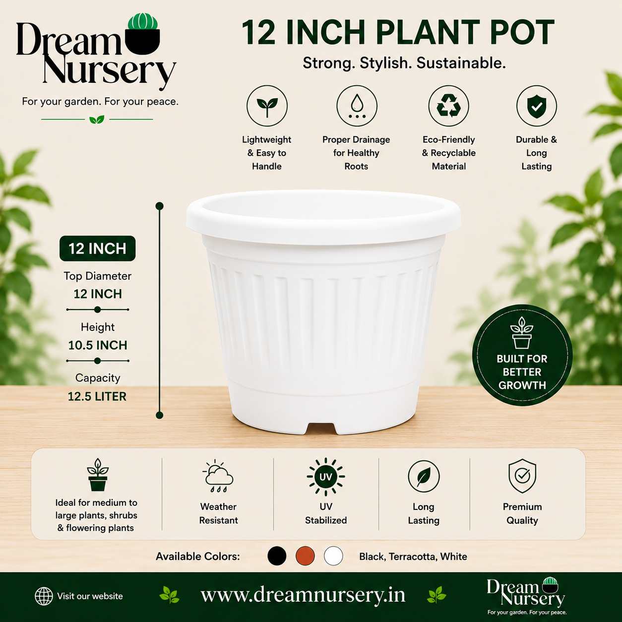 12 Inch Heavy Duty Grower Plastic Pot – Matte Finish (Black & Brown)