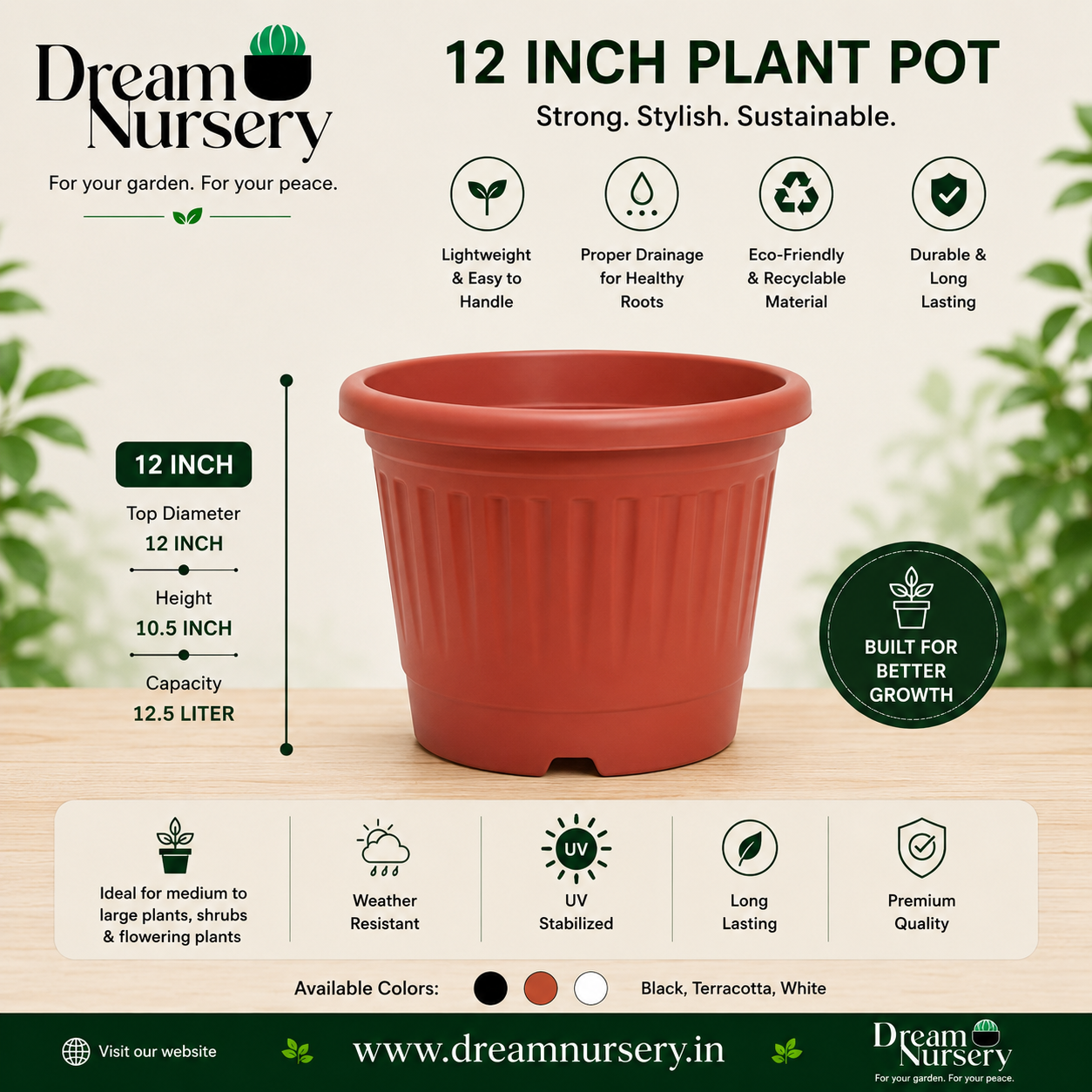 12 Inch Heavy Duty Grower Plastic Pot Matte Finish Black Brown for large plants terrace gardens India.