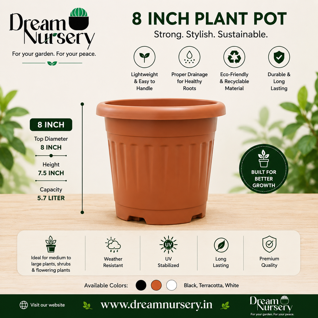 Plastic Flower Pots 8 Inch | Nursery Plant Pots for Indoor & Outdoor Gardening