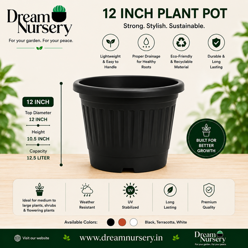 12 Inch Heavy Duty Grower Plastic Pot – Matte Finish (Black & Brown)