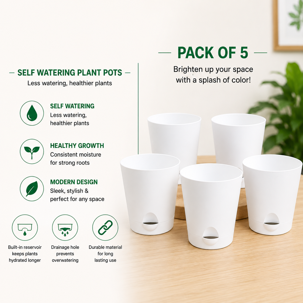 Self Watering Plastic Pot White | Pack of 5 | 4 Inch Indoor Plant Pot with Drainage