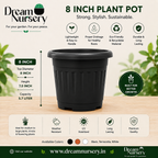 8 inch plastic flower pots in black, brown and white