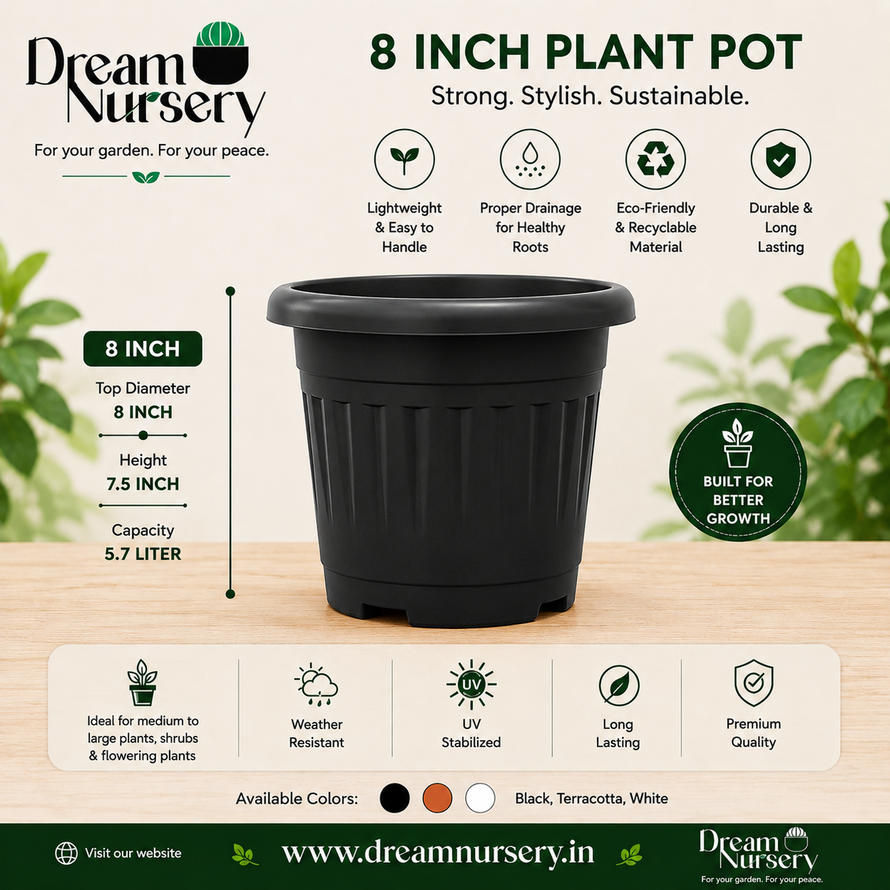 8 Inch Plastic Flower Pot Black Brown White for indoor outdoor plants balcony garden India.