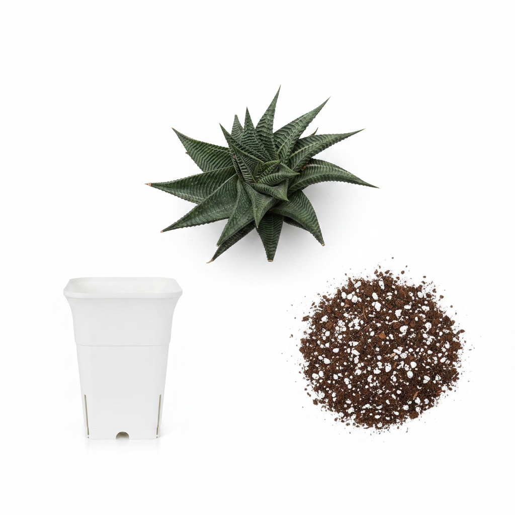 Haworthia Combo – Plant + White Square Pot + Soil Mix