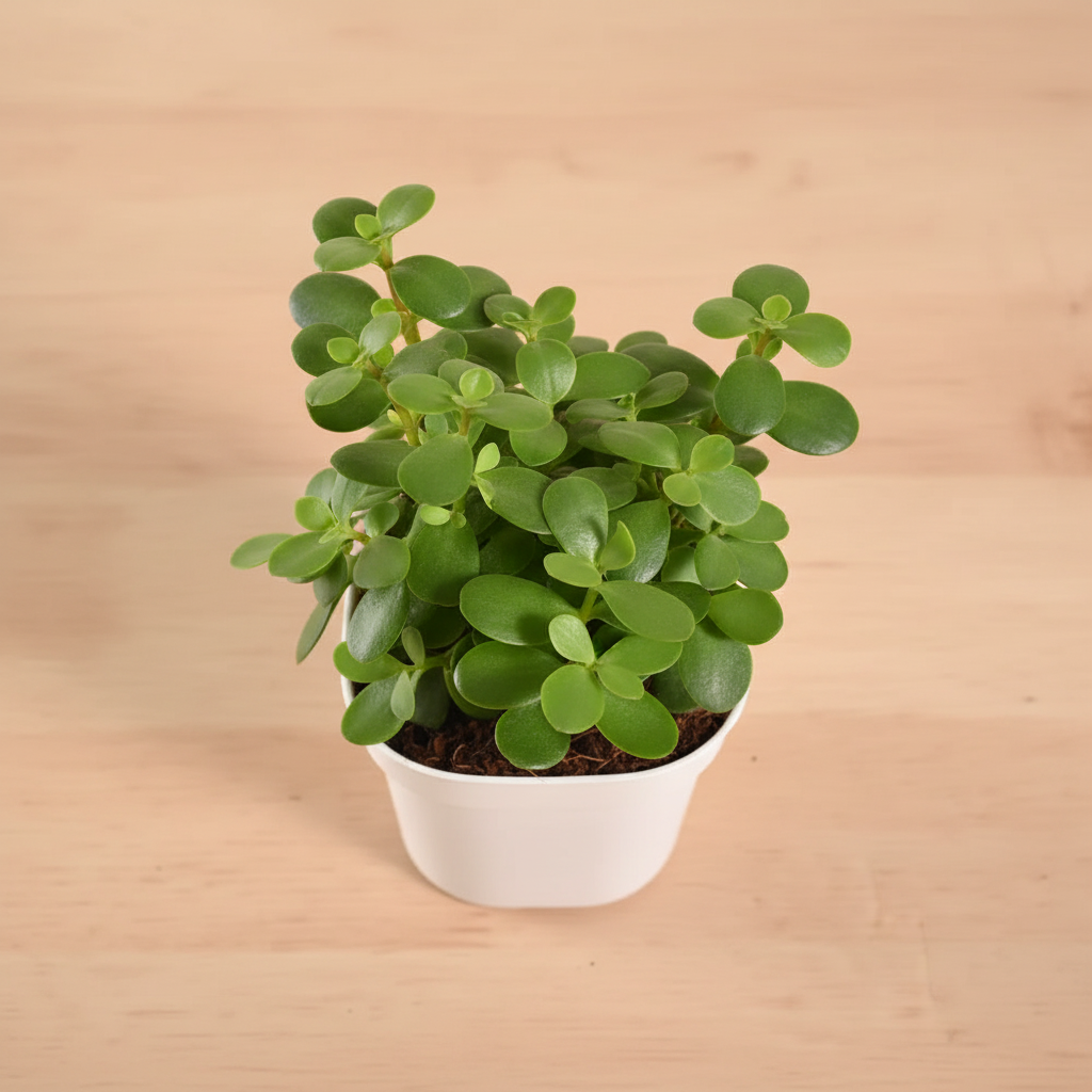 Top-down view of Good Luck Jade Mini plant in white square pot on wooden surface
