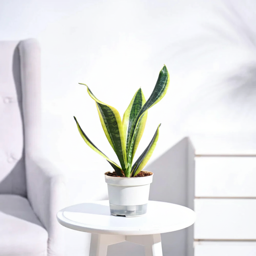 Sansevieria Superba Snake Plant in a modern white self-watering pot on white background