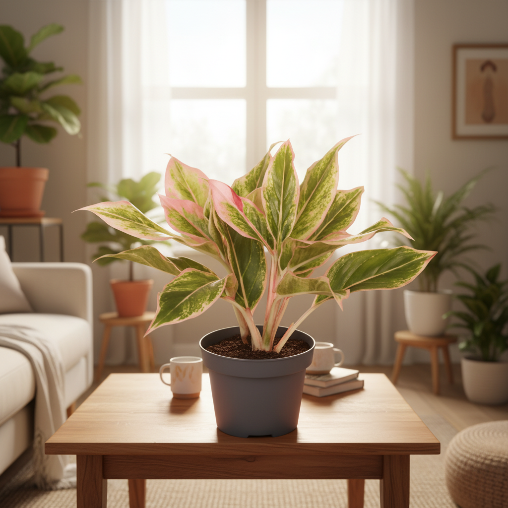 Aglaonema Pink Aurora rare plant in cozy lifestyle setting