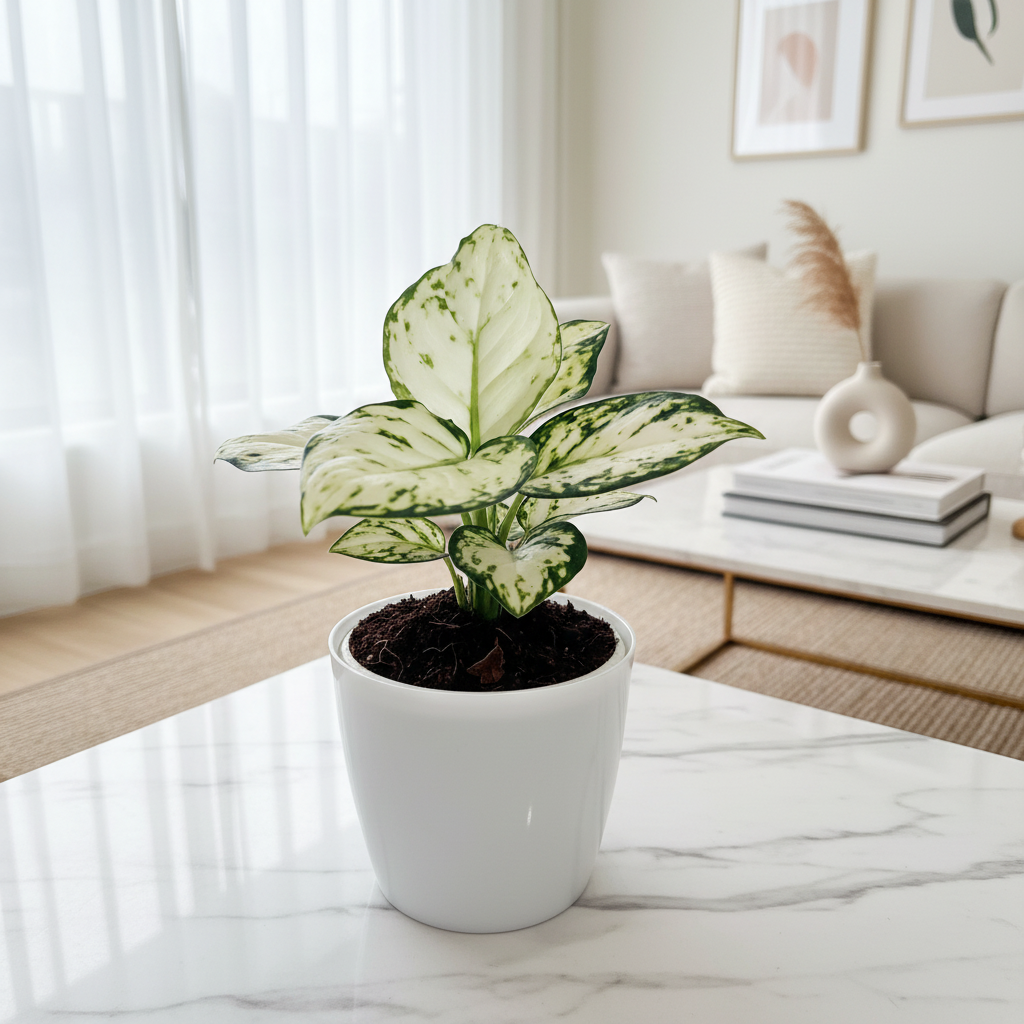 Aglaonema Super White plant in lifestyle setting on marble table near bright window