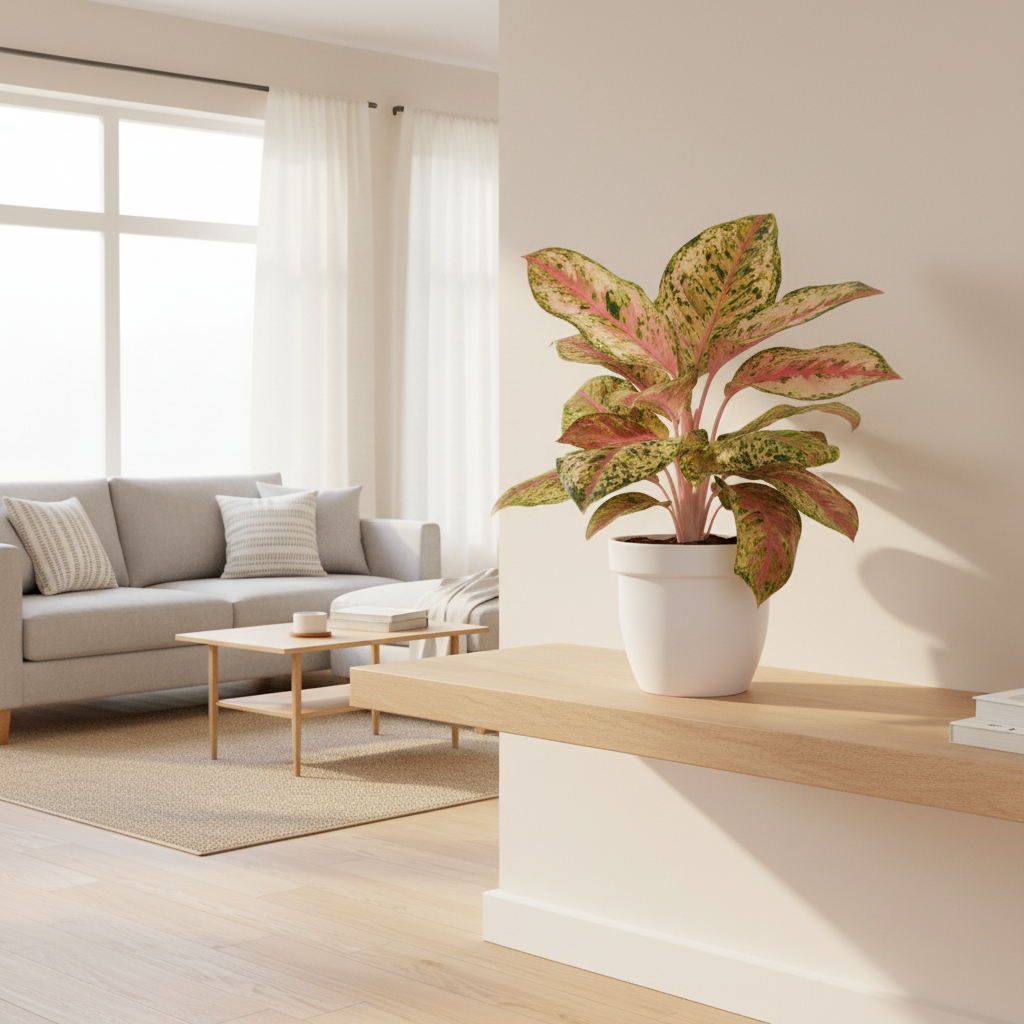 Aglaonema 10 Karat plant lifestyle image on wooden shelf in bright modern living room