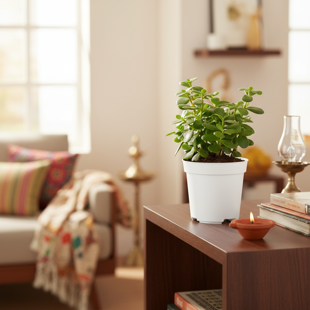 Good Luck Jade Mini plant in white square pot styled in a bright modern home setting
