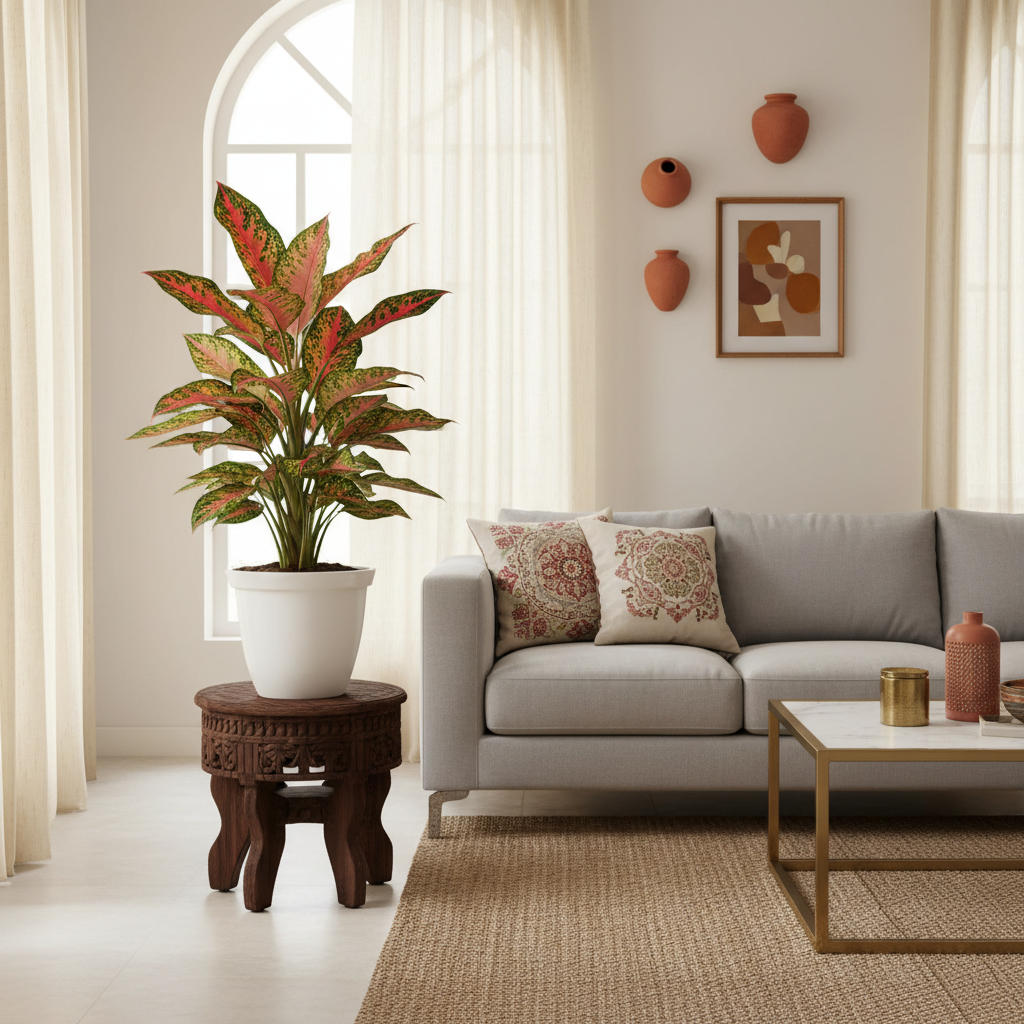 Aglaonema Red Valentine plant styled in a modern living room on a wooden side table