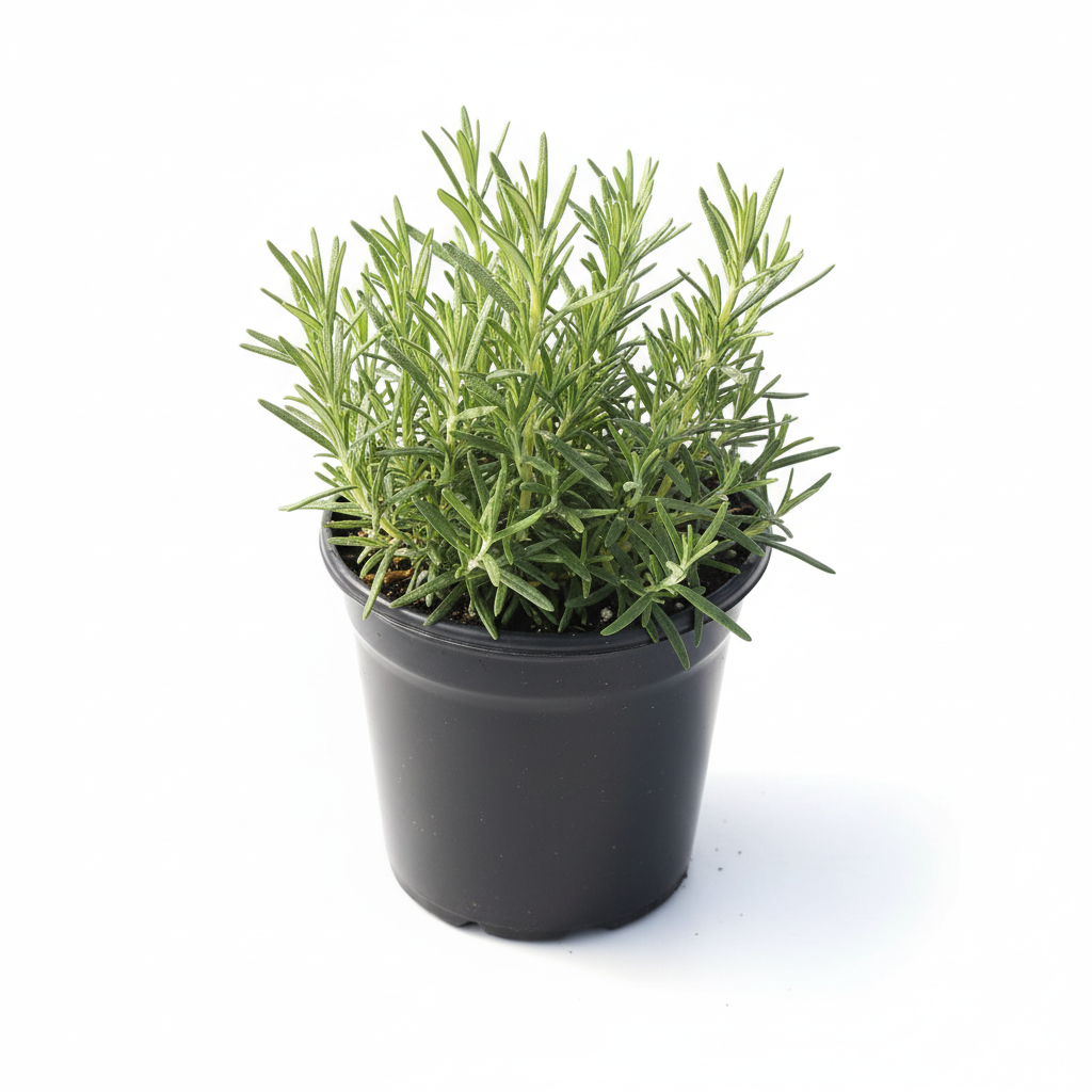 Rosemary live plant in its black nursery pot from a three-quarter angle