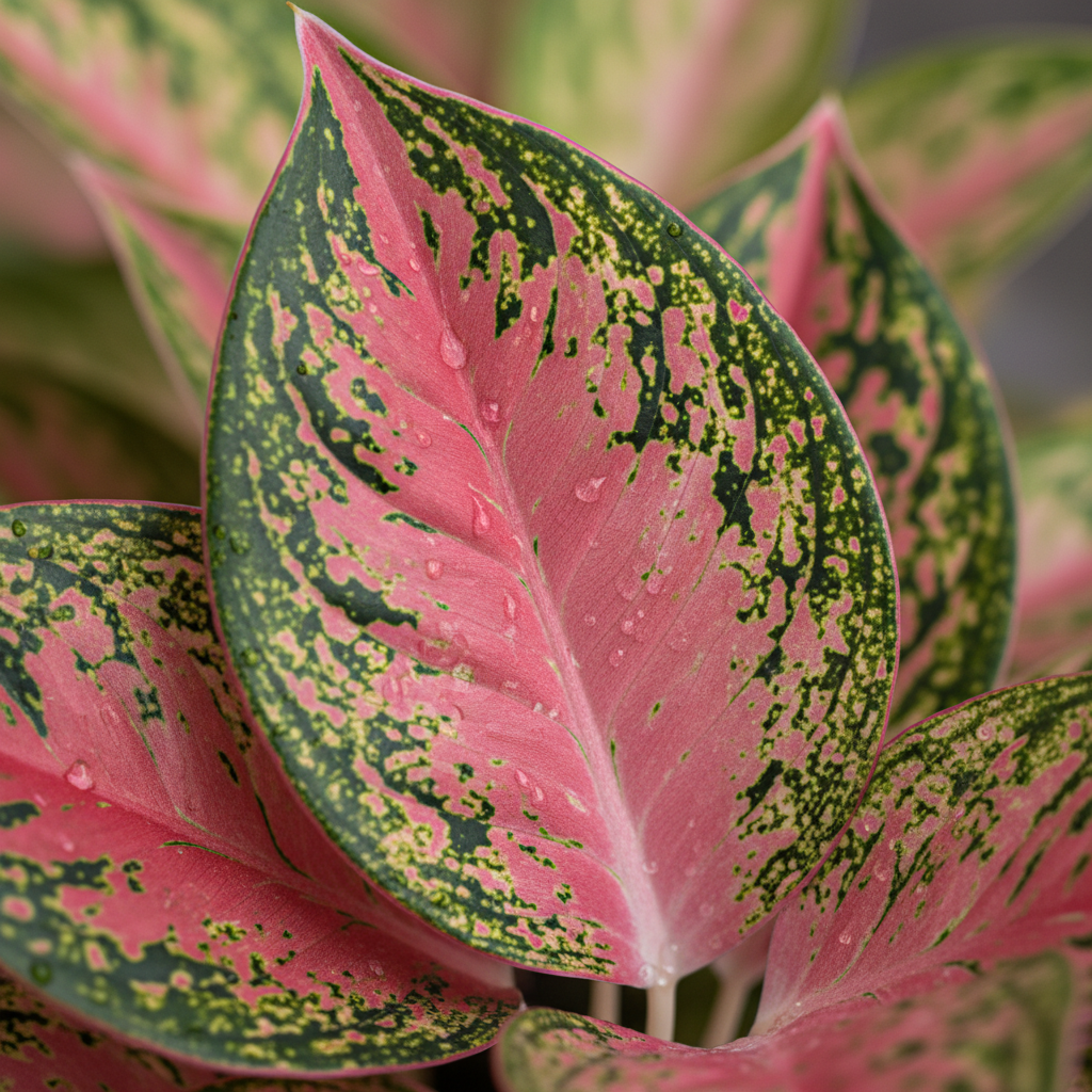 Close up macro shot of Aglaonema Red Valentine leaves showing vivid red and green variegation