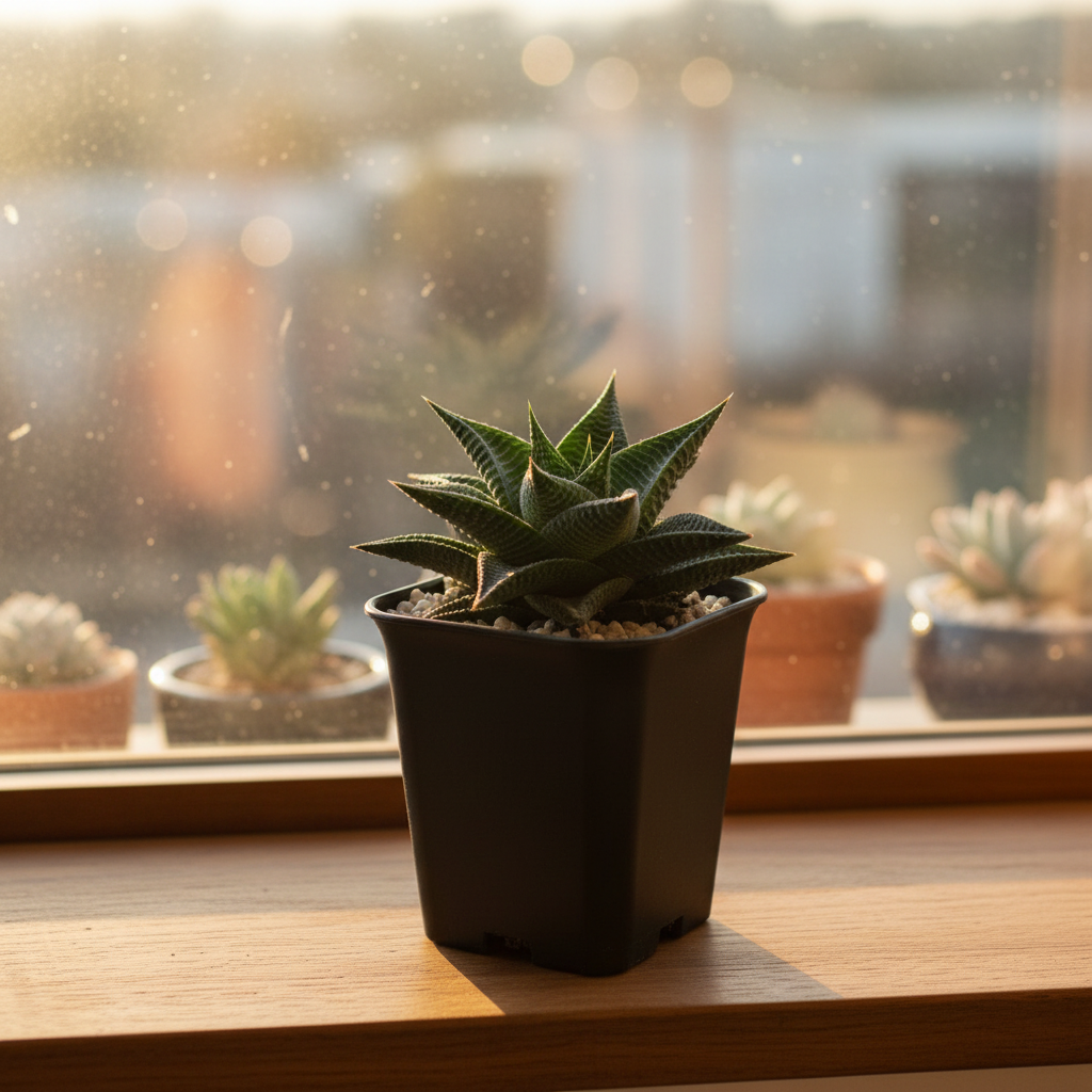 Haworthia limifolia in black square pot on windowsill