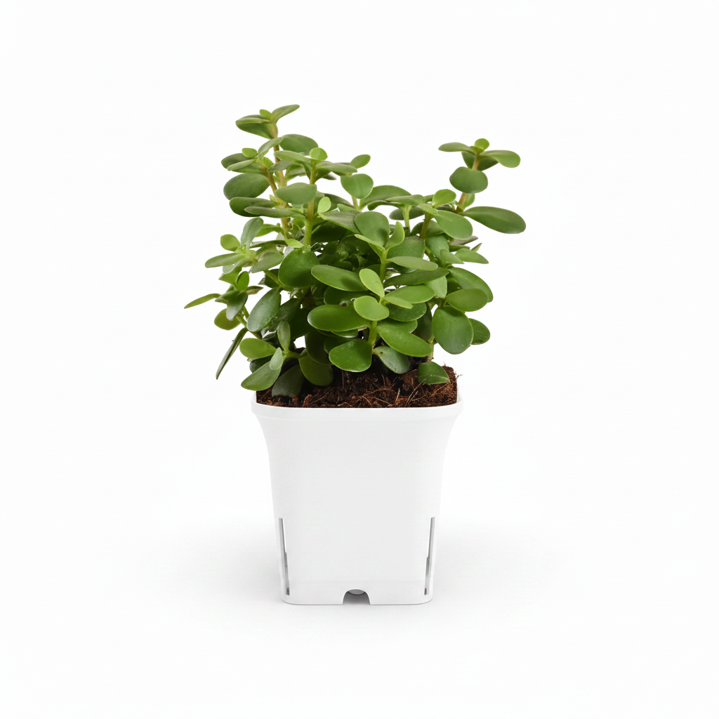 Good Luck Jade Mini plant in a white square plastic pot on white background