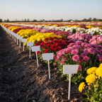White T-type plant labels placed in a chrysanthemum garden bed