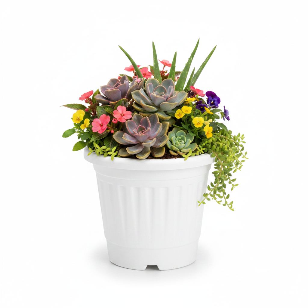 White Pot with Ornamental Plants